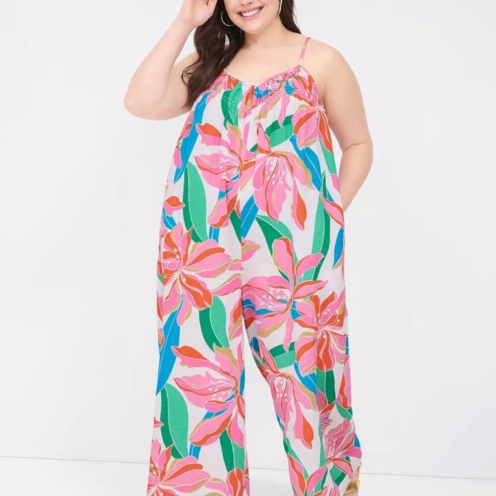 Lane Bryant Tropical Wide Leg  Floral Print Plus Size Jumpsuit With Spaghetti St